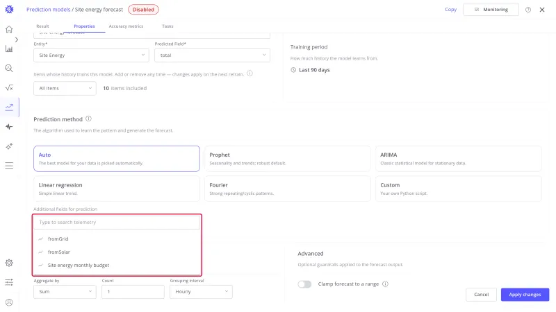 Additional fields for prediction open, listing fromGrid, fromSolar, and Site energy monthly budget