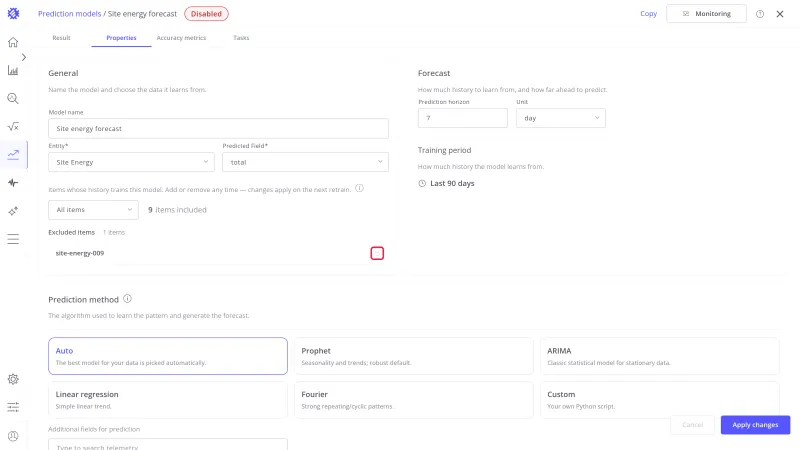 Excluded items with the restore icon at the end of the site-energy-009 row highlighted