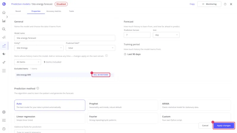site-energy-009 marked Will be restored, marked 1, and the Apply changes button marked 2