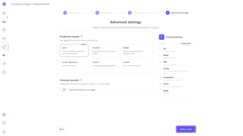 Advanced settings step of the wizard with the Build model button highlighted