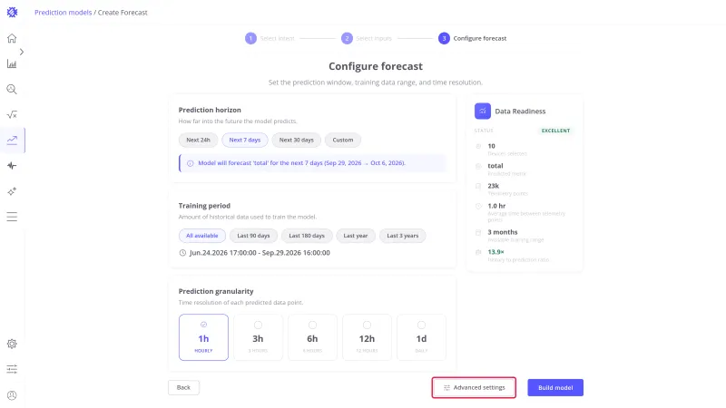 Configure forecast step of the wizard with the Advanced settings button highlighted