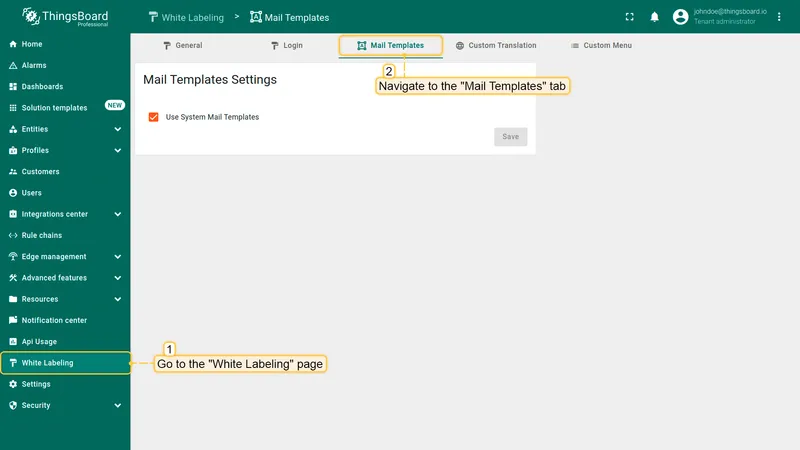 Mail Templates tab on the White labeling page