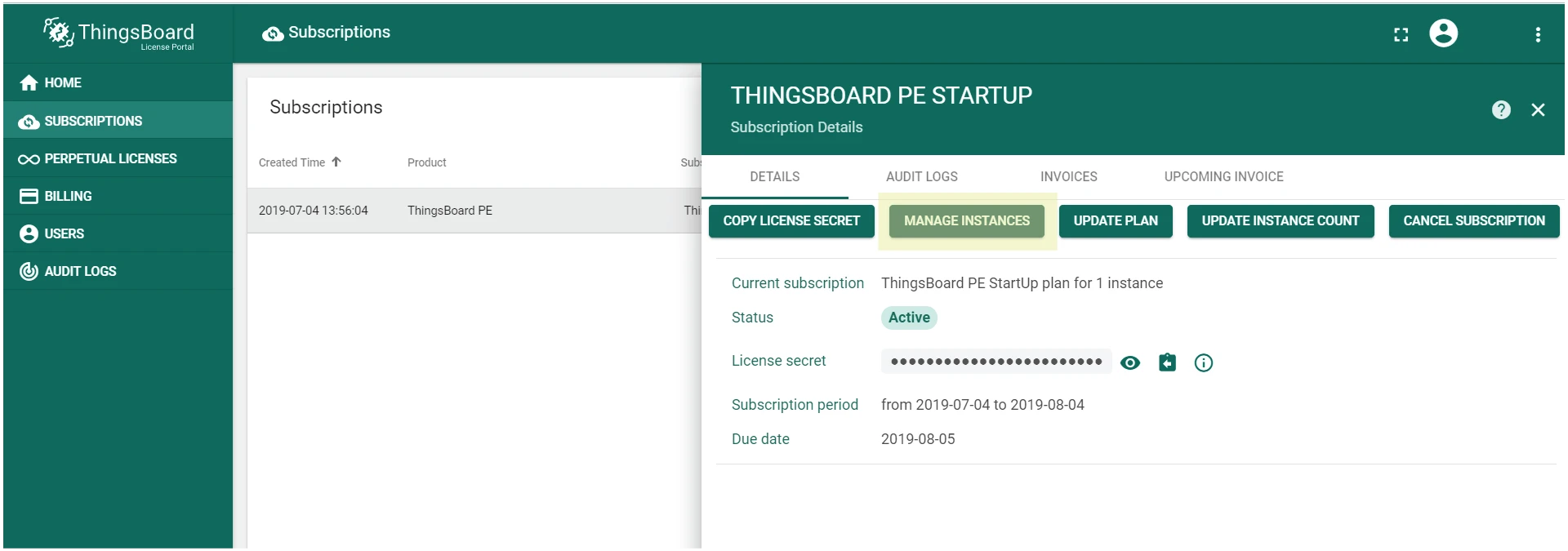 Manage instances in License portal