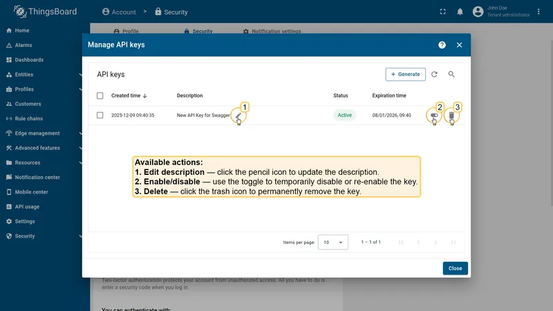 API key actions