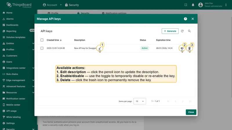 API key actions