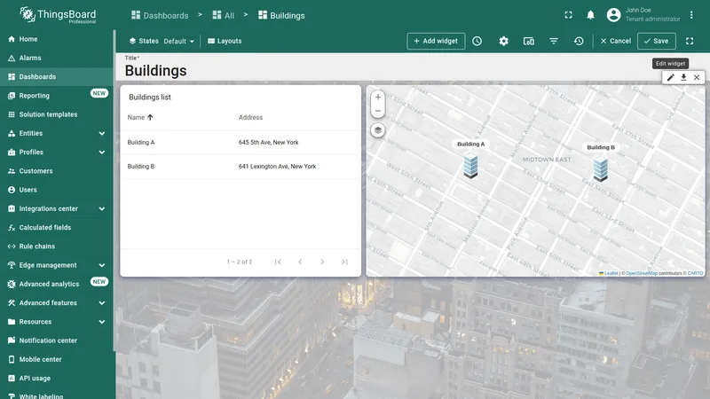 Dashboard in edit mode with the map widget edit button highlighted