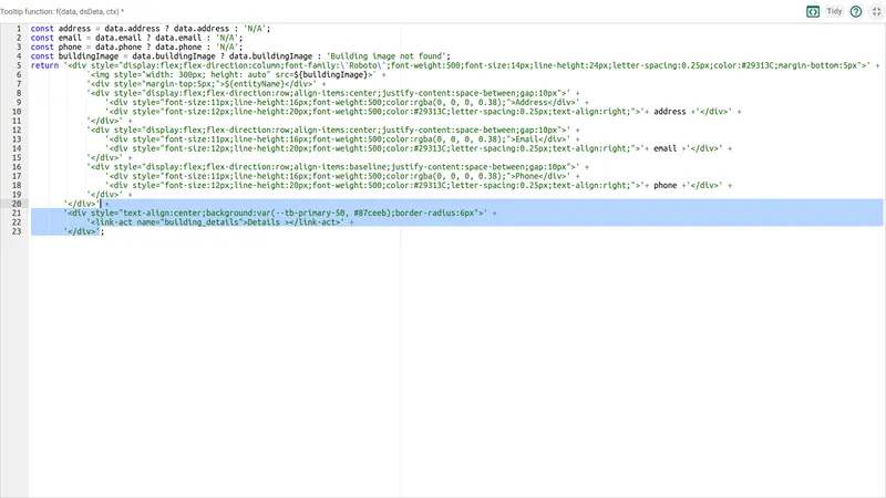 Fullscreen tooltip function editor with the link action tag added