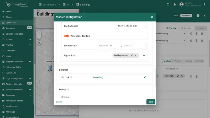 Marker configuration dialog showing the created building_details tag action