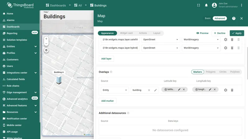 Map widget settings with Apply button highlighted