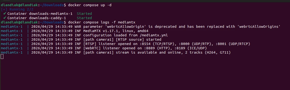 Terminal showing docker compose up -d and the MediaMTX log. The log lines confirm MediaMTX booted, the WebRTC listener opened on :8889 (HTTP) and :8189 (ICE/UDP), and the camera1 stream is available and online with H264 and G711 tracks.