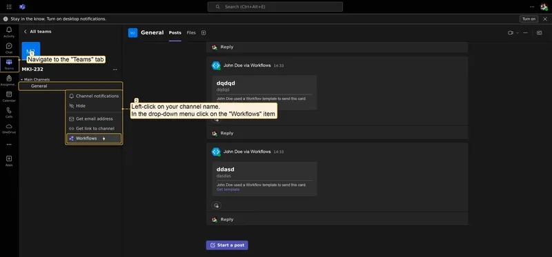 Microsoft Teams — open Workflows from the channel context menu