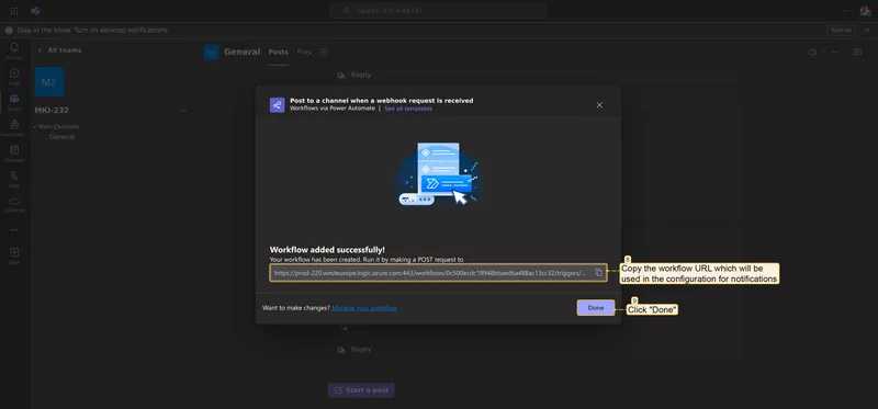 Workflow added — copy the webhook URL and click Done