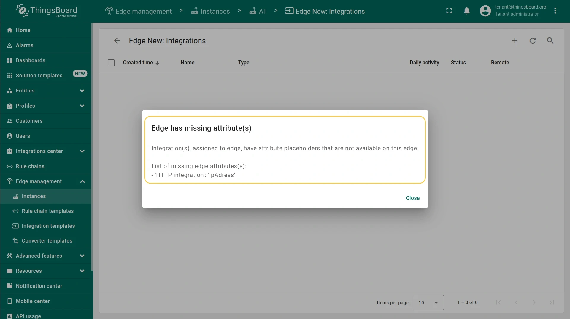 Warning shown when a placeholder attribute is missing on the Edge
