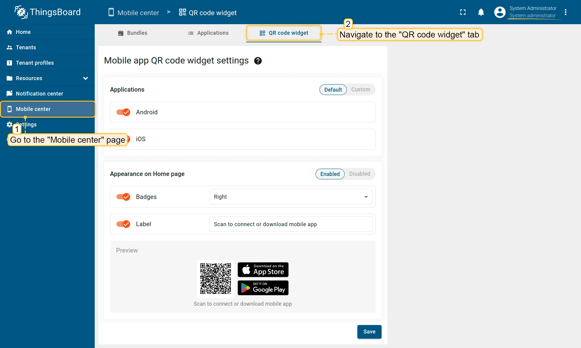 Mobile center QR code widget tab with Use system settings toggle highlighted