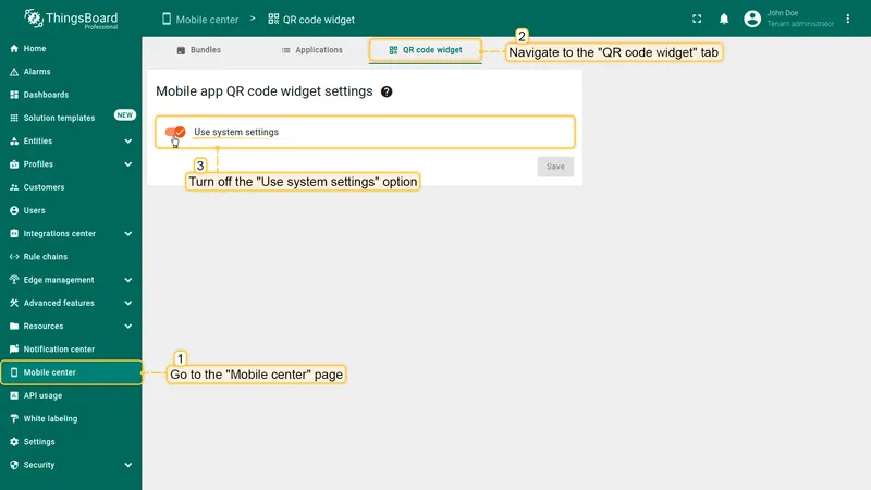 Mobile center QR code widget tab with Use system settings toggle highlighted
