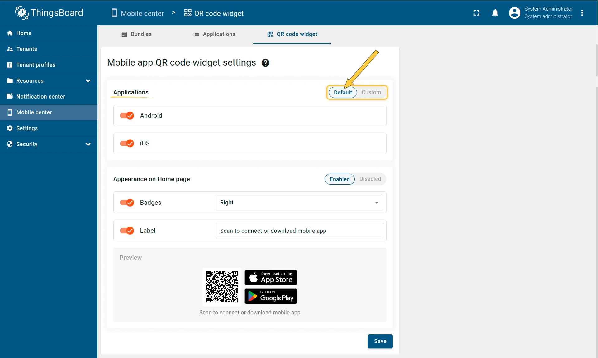 QR code widget settings — Default tab selected with Android and iOS toggles enabled and QR code preview