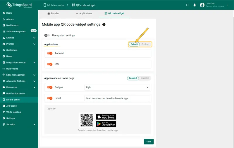 QR code widget settings — Default tab selected with Android and iOS toggles enabled and QR code preview