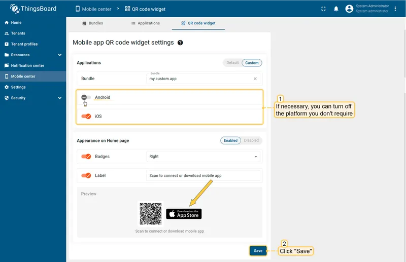 QR code widget settings — Custom mode with Android toggle disabled, only iOS App Store badge visible in preview