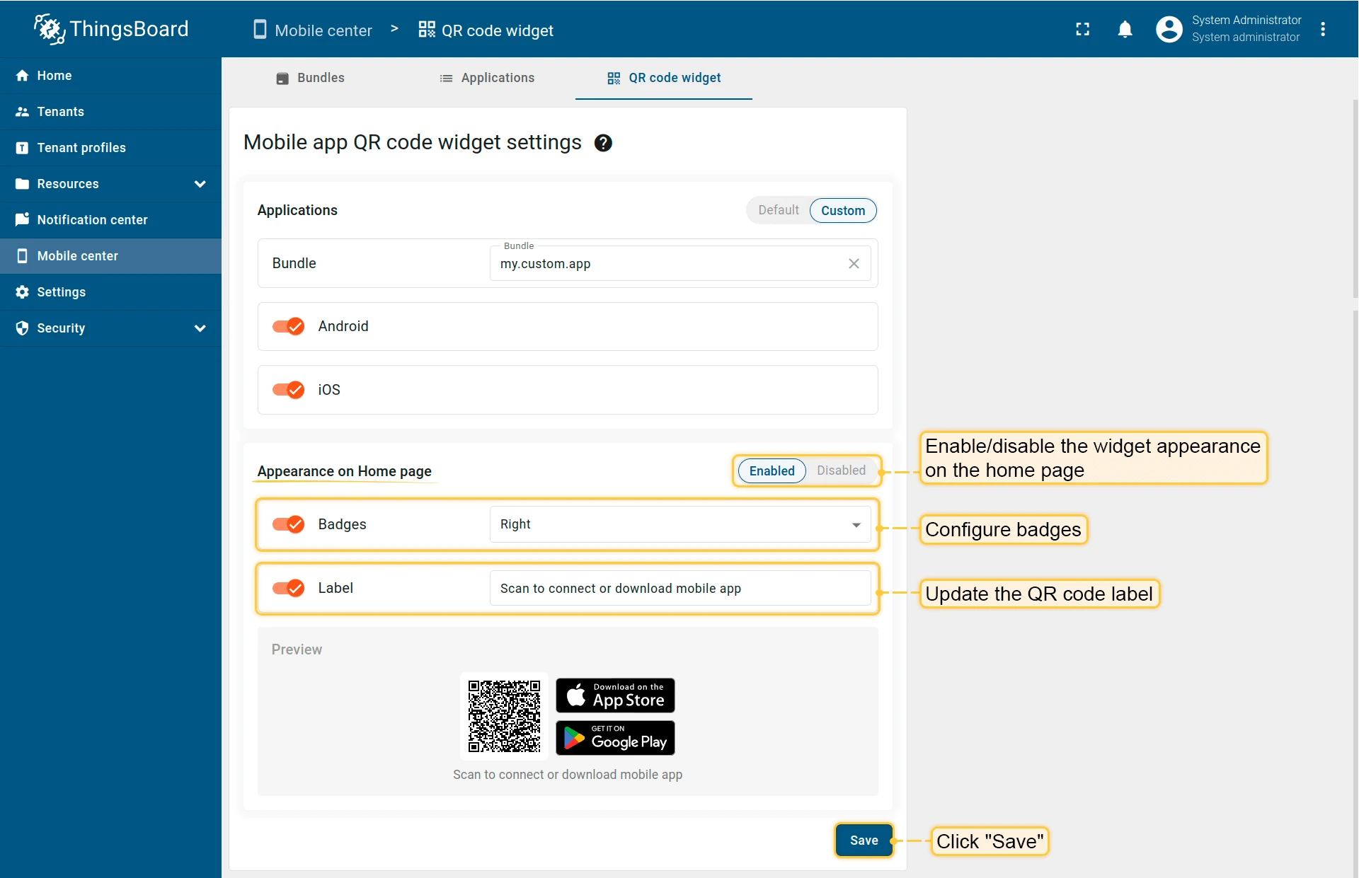 QR code widget appearance settings showing Enabled toggle, Badges location dropdown, Label field, and QR code preview