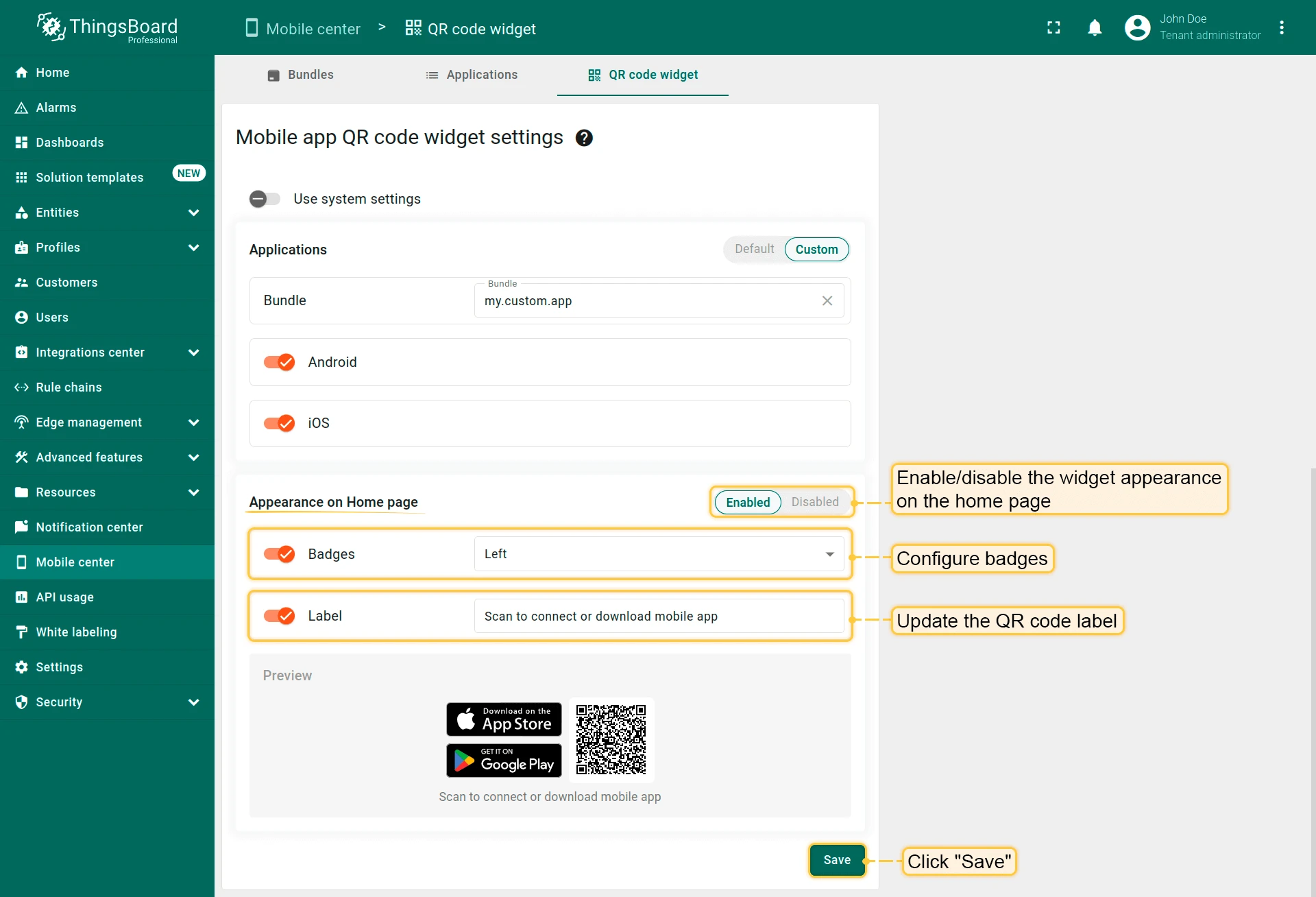 QR code widget appearance settings showing Enabled toggle, Badges location dropdown, Label field, and QR code preview