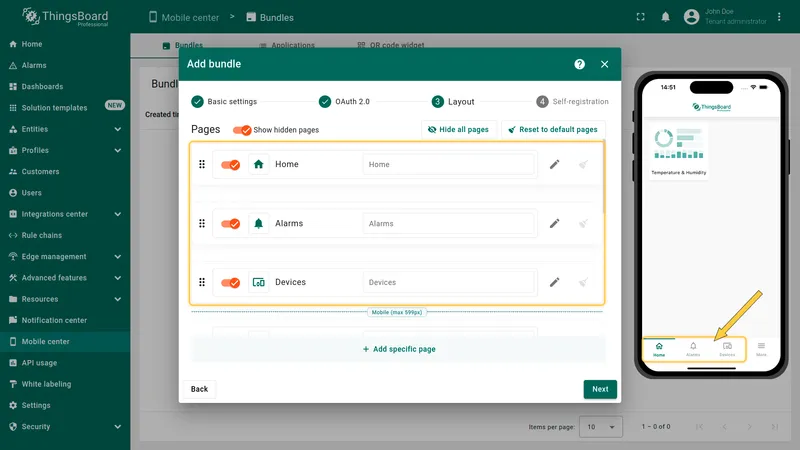 Layout step showing the default navigation menu items list