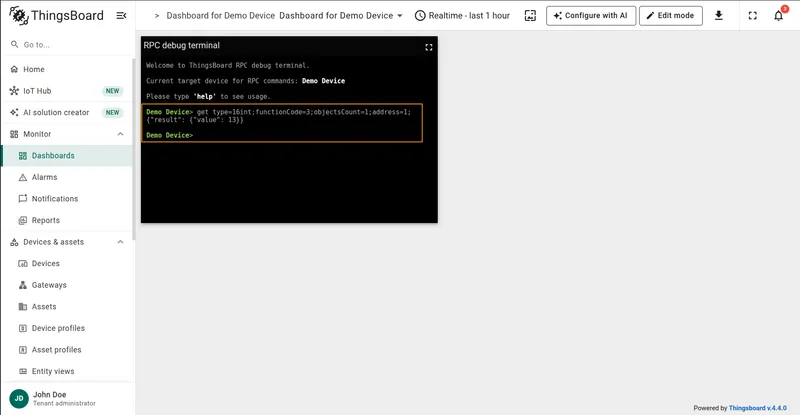 Modbus GET RPC result showing register value