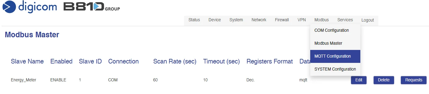 DRN 500 menu showing MQTT Configuration option