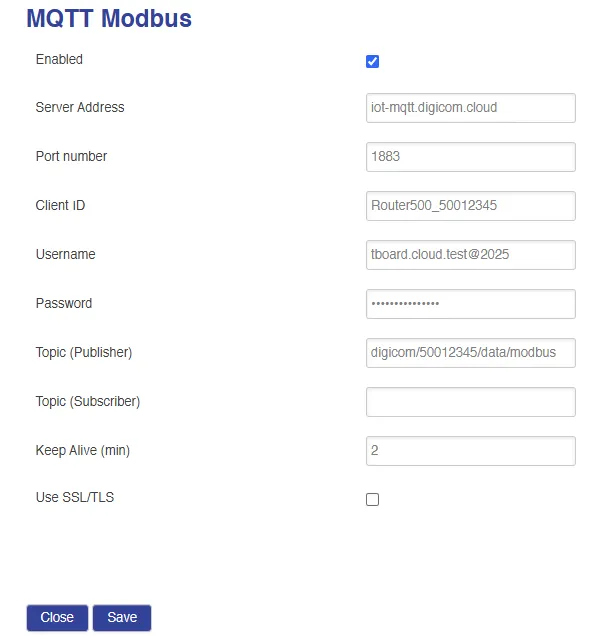 MQTT broker settings with server address, port, username, and password fields