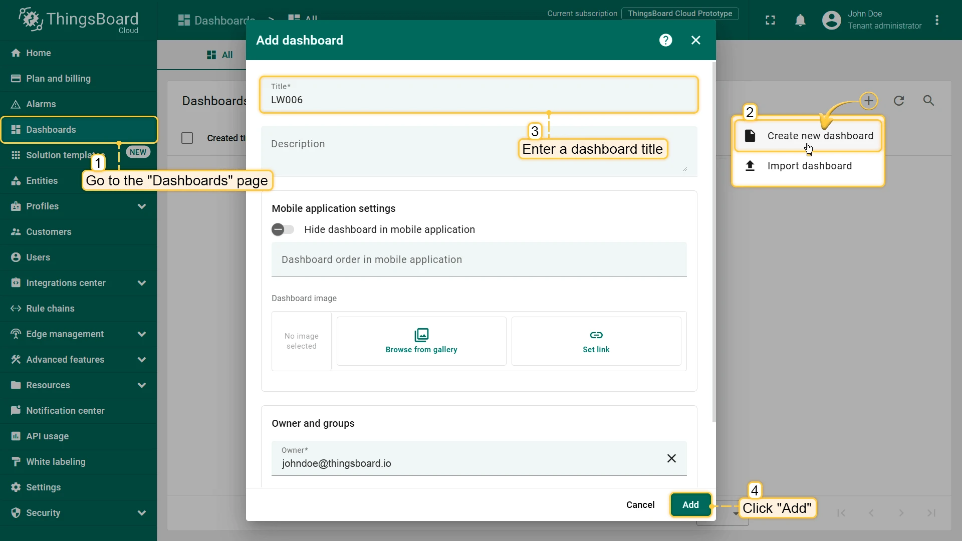 Create new dashboard dialog
