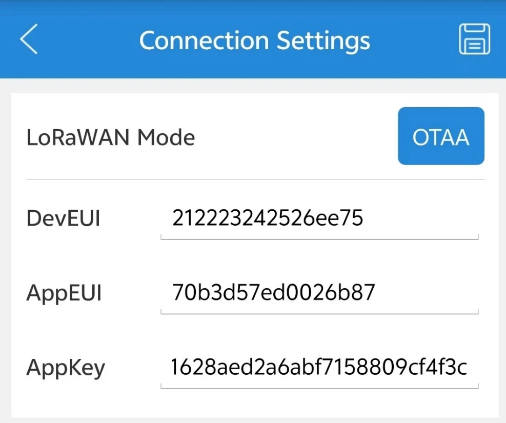 JoinEUI, DevEUI, and AppKey fields