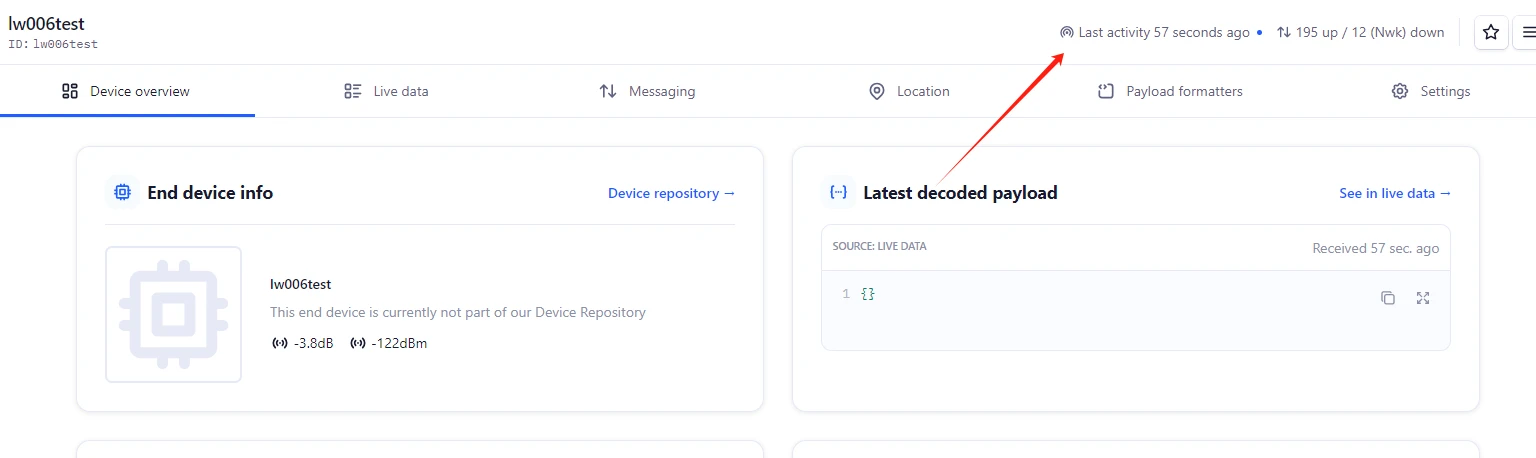 TTN device list showing registered device