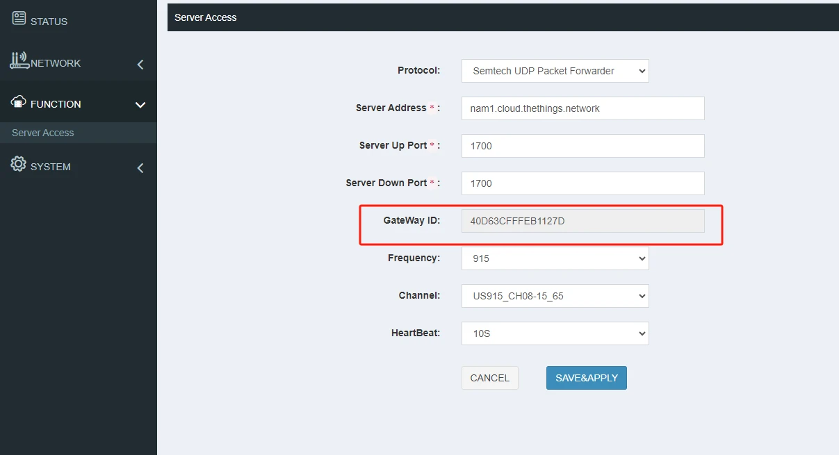 Gateway Web GUI Server Access page