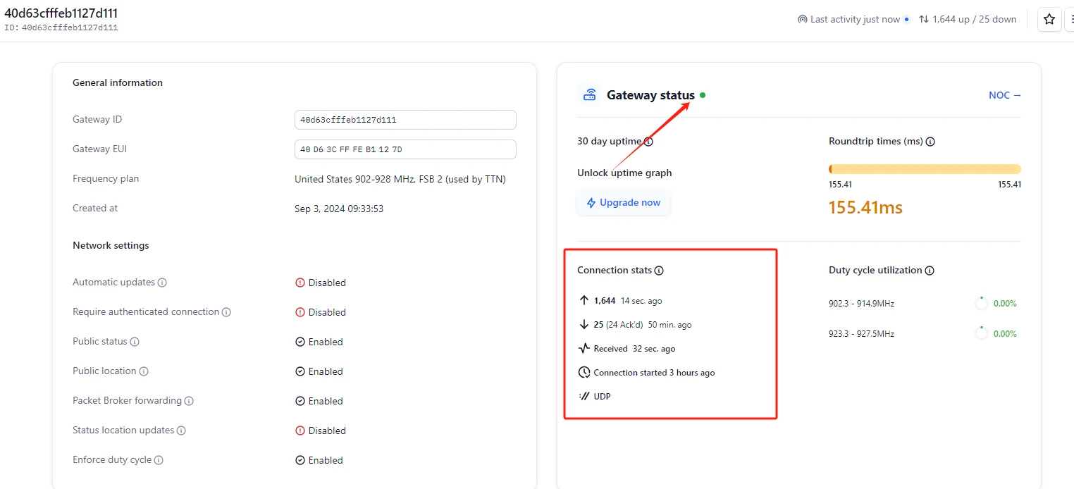 TTN gateway overview showing Connected status