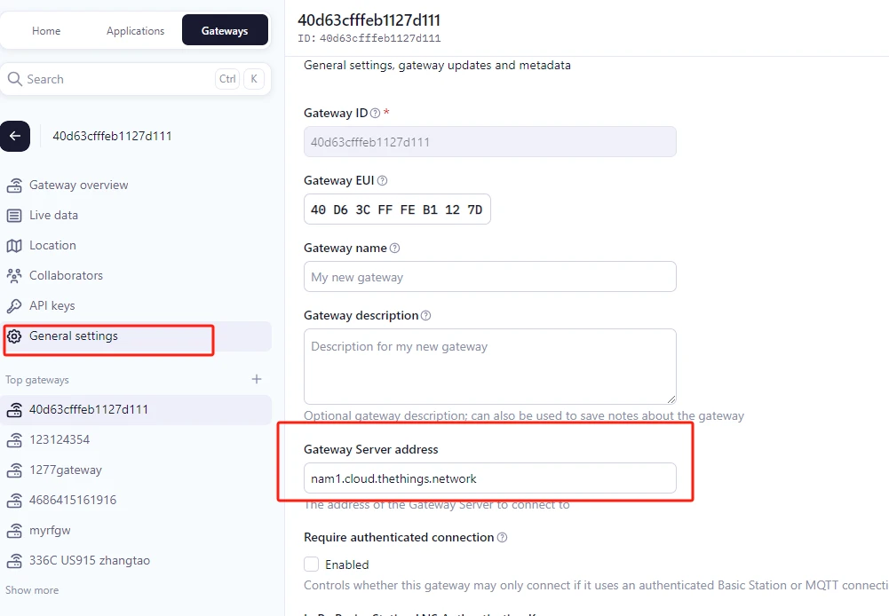 TTN gateway General settings showing server address