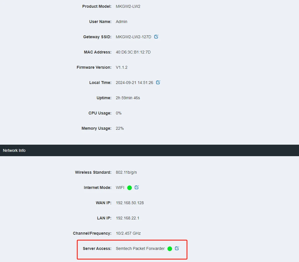 Gateway Web GUI green connected status