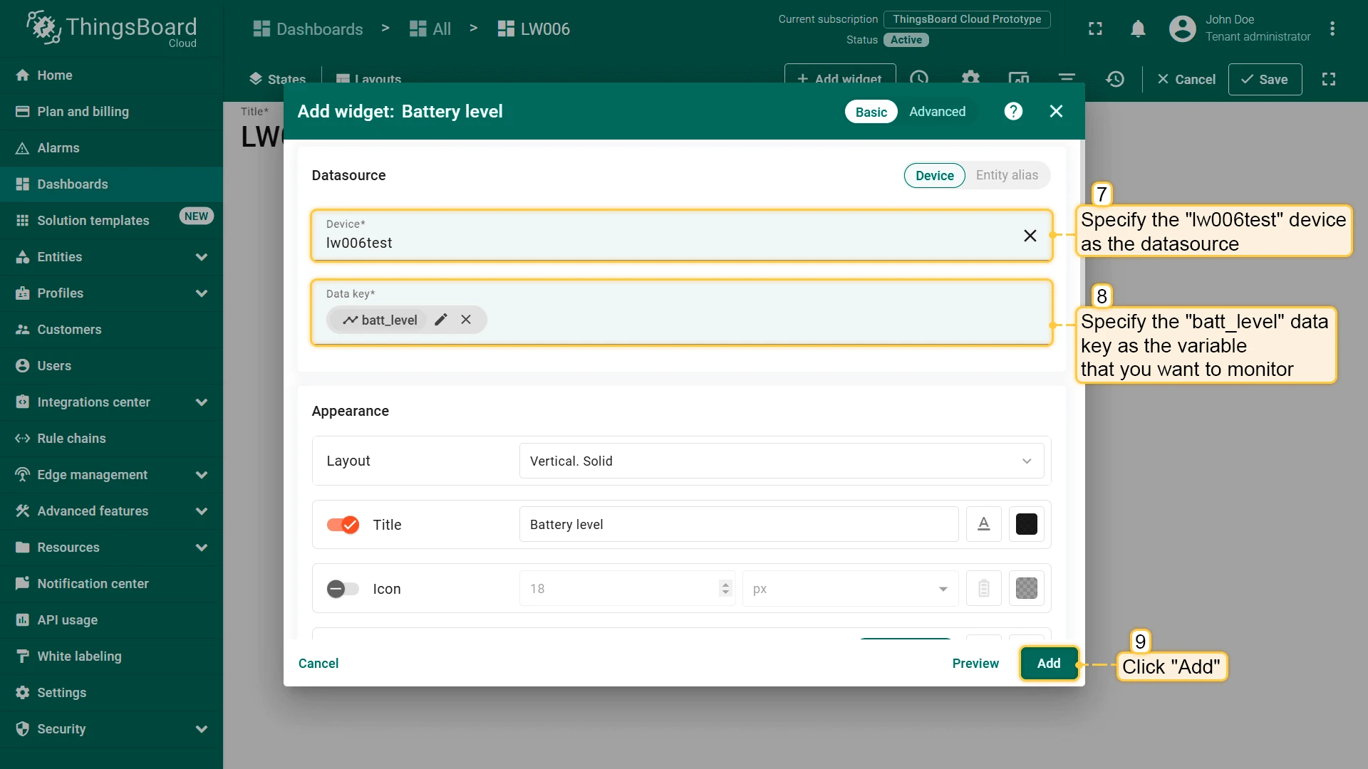 Add widget dialog with device datasource and batt_level key