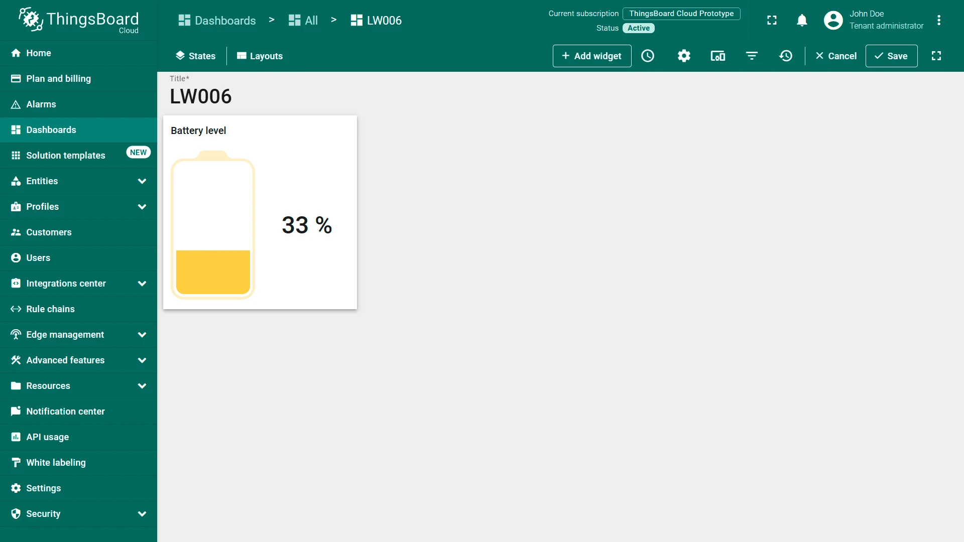 Dashboard with battery level widget
