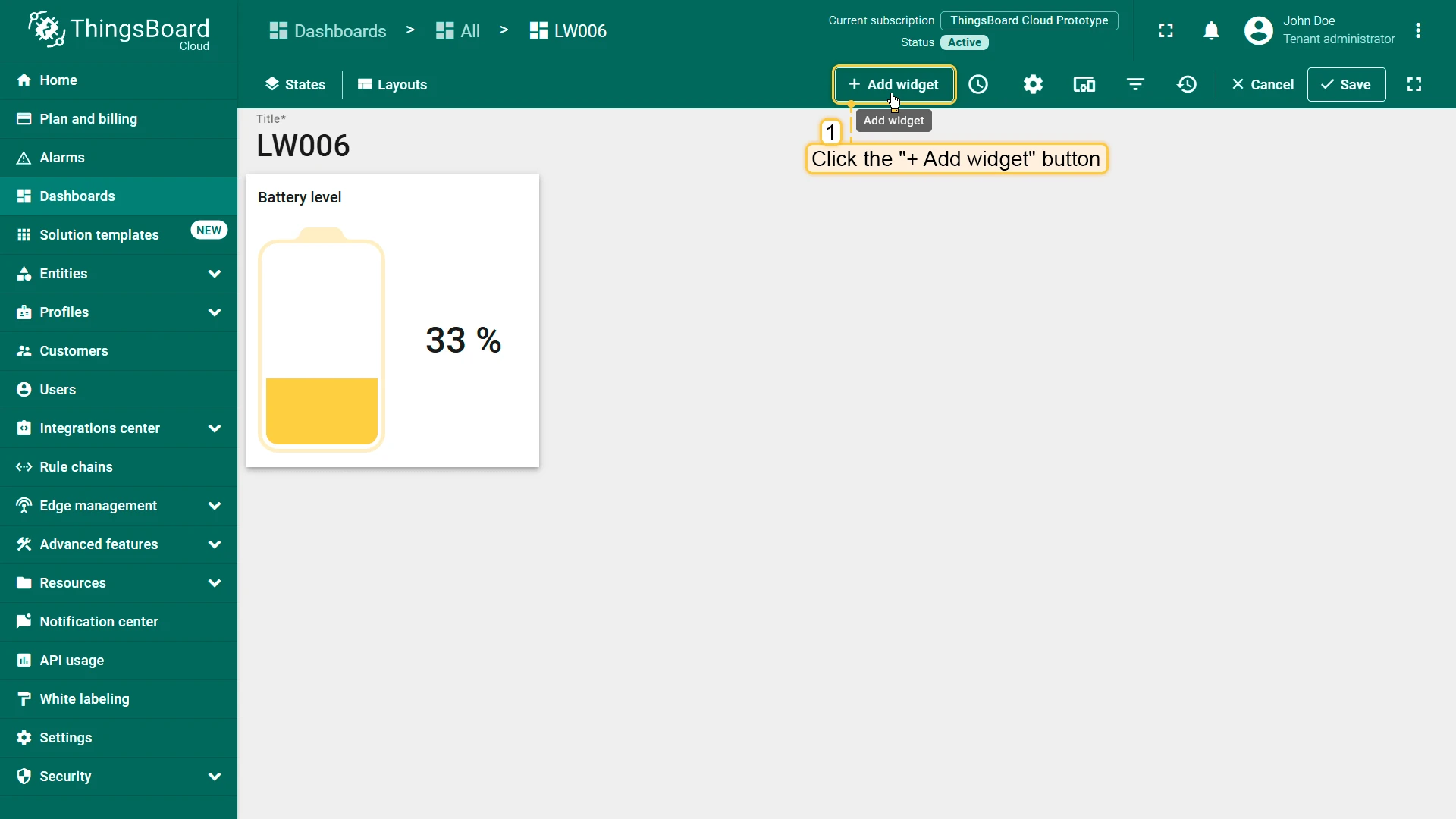 Dashboard with Add widget button