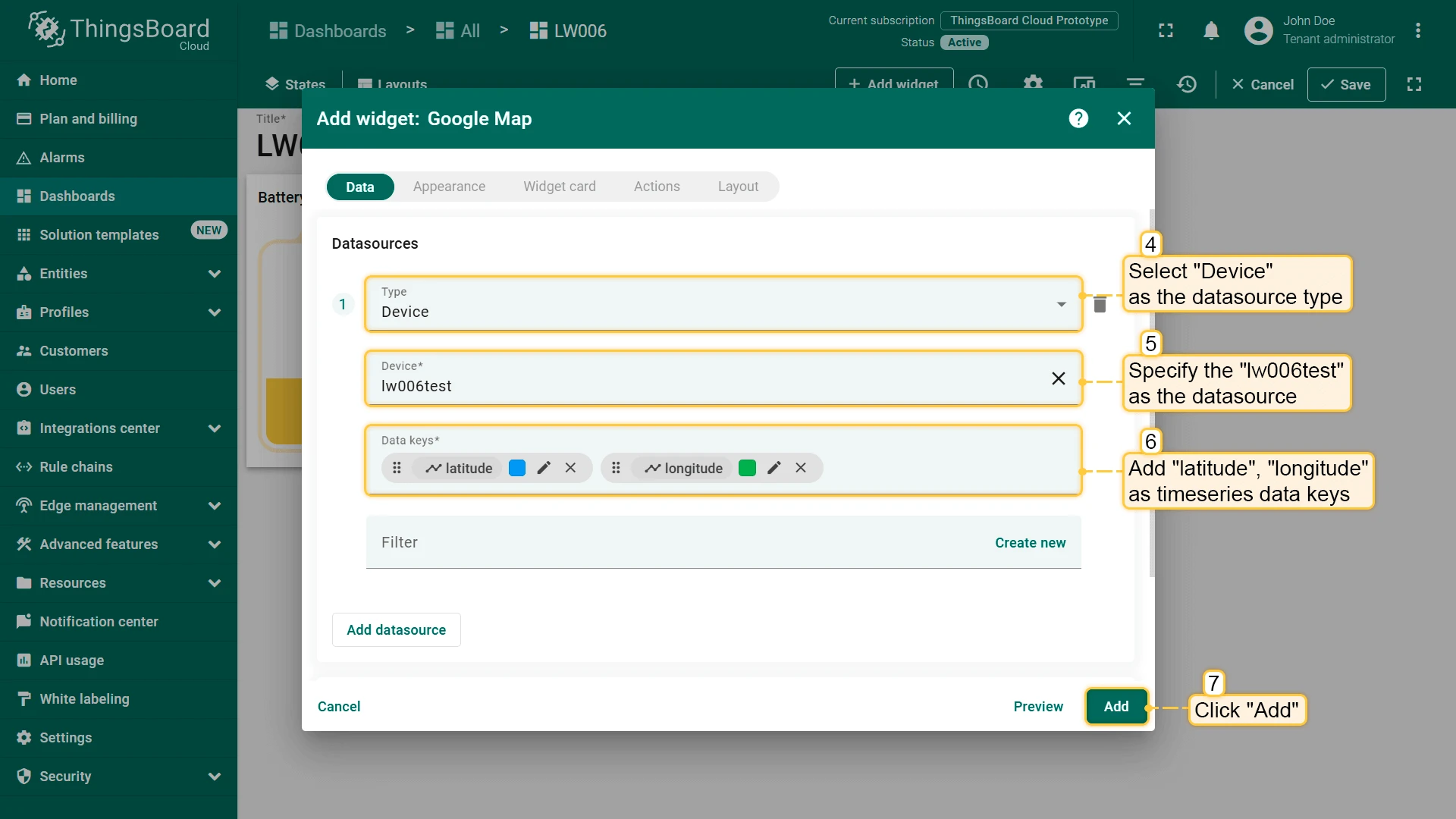 Add widget dialog with latitude and longitude keys