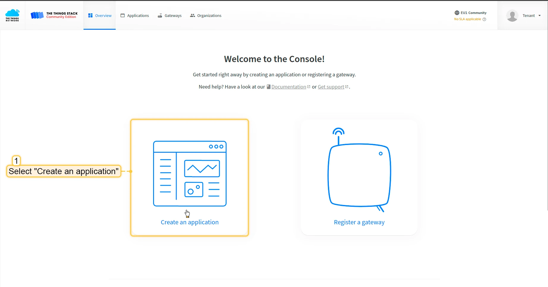 TTN console Create an application button