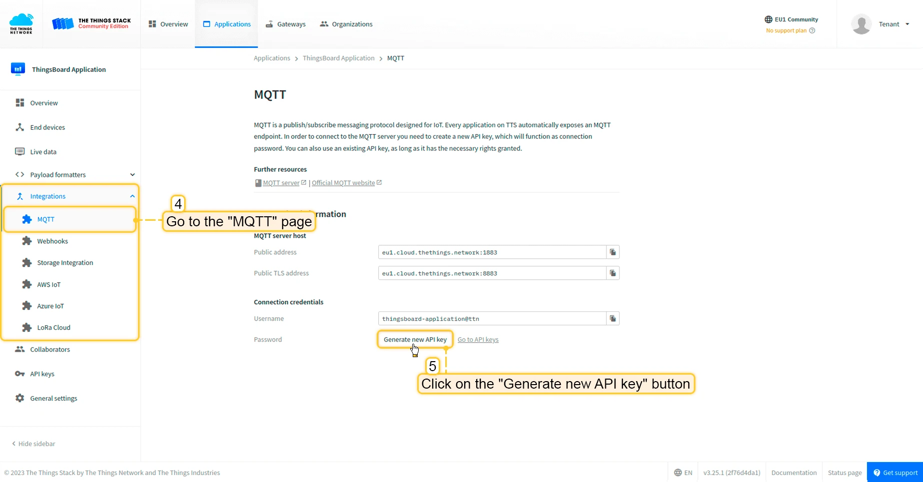 TTN MQTT integrations page
