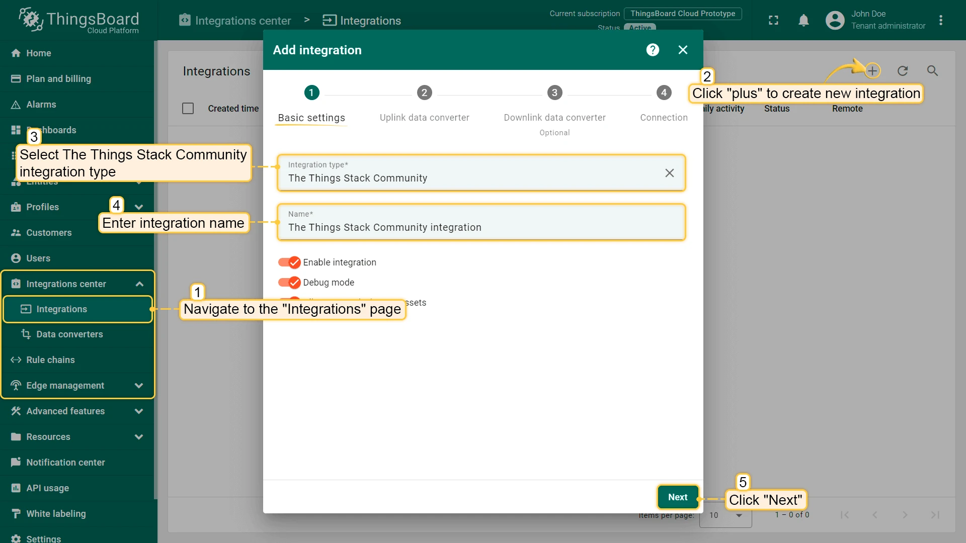 Add integration dialog with The Things Stack Community selected