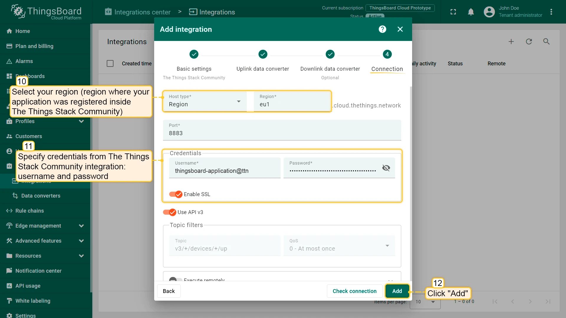 Integration connection settings