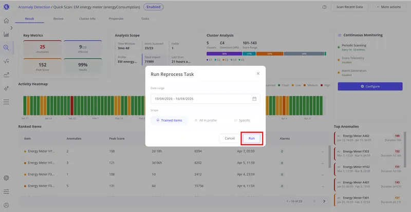 Run Reprocess Task dialog with the Run button highlighted