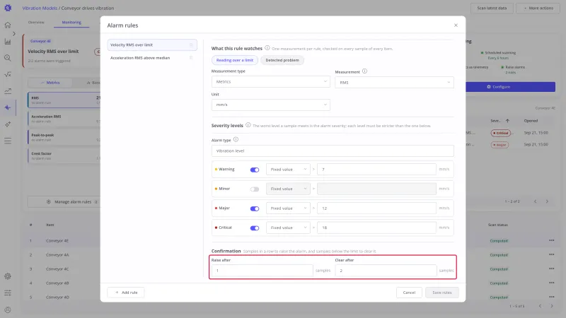Rule form with the Raise after and Clear after fields highlighted: raise after one sample, clear after two samples