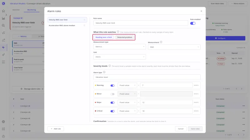 The two rule kind buttons, Reading over a limit and Detected problem, at the top of the rule form