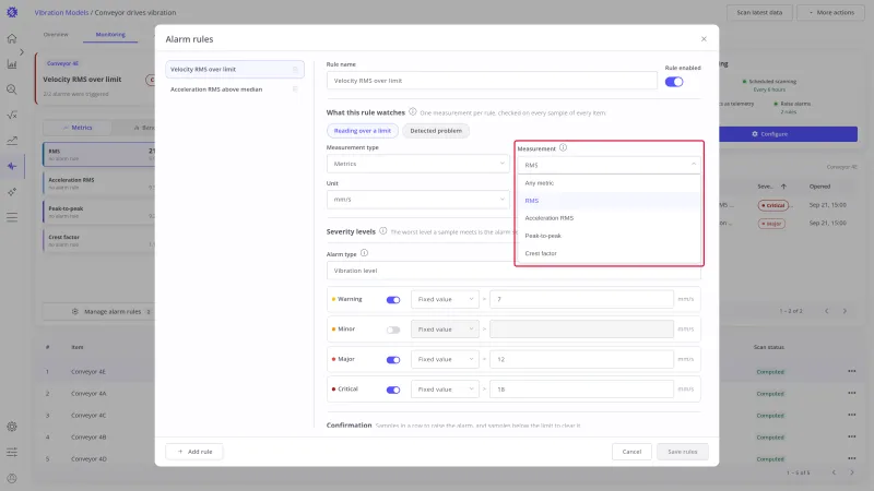 Measurement select open, offering Any metric, RMS, Acceleration RMS, Peak-to-peak, and Crest factor