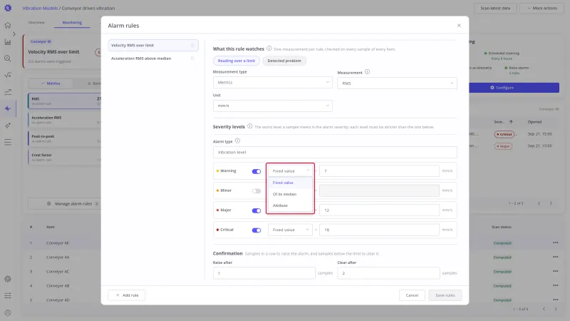 Limit source select of the Warning level open, offering Fixed value, Of its median, and Attribute