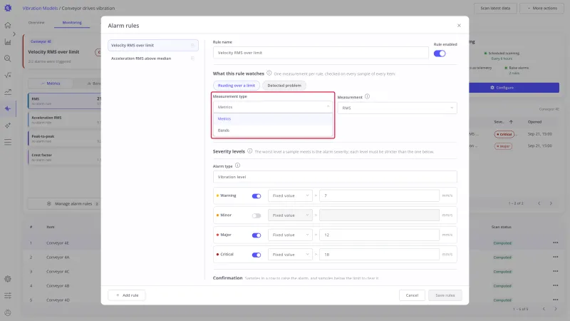 Measurement type select open, offering Metrics and Bands
