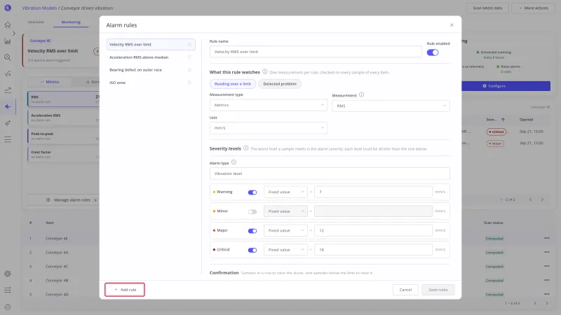 Alarm rules editor with the Add rule button highlighted at the bottom left